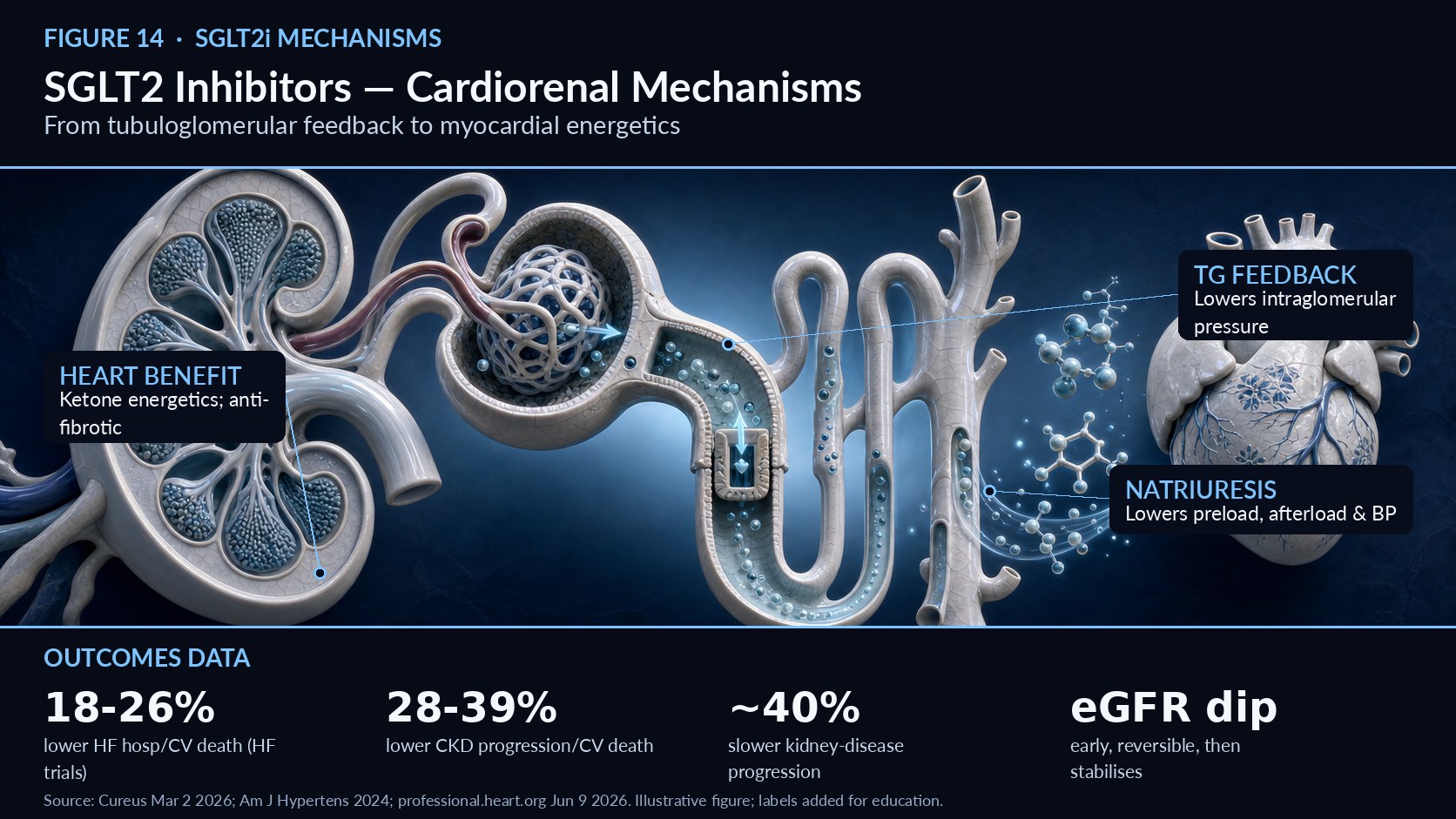 SGLT2 Inhibitors: Cardiorenal Mechanisms How a glucose-lowering drug became a foundational heart and kidney therapy   Figure 14. SGLT2 Inhibitors: Cardiorenal Mechanisms — mechanism overview (illustrative; labels added for education). SGLT2 inhibitors have moved far beyond glucose control, and understanding their mechanisms clarifies why. A key renal mechanism is restoration of tubuloglomerular feedback: increased sodium delivery to the macula densa triggers afferent arteriolar vasoconstriction, reducing intraglomerular pressure and curbing the maladaptive hyperfiltration that damages nephrons over time.1 This explains the characteristic early, modest eGFR “dip” seen after initiation. The dip stabilises over time and is followed by a slower long-term loss of kidney function—a hemodynamic signature of protection rather than injury, which clinicians should anticipate and not misinterpret as harm.1 The cardiac and systemic benefits arise through complementary pathways. Natriuresis and osmotic diuresis reduce plasma volume, blood pressure, and ventricular filling pressures, unloading both preload and afterload. Additional mechanisms include ketone-mediated improvements in myocardial energetics, anti-inflammatory and anti-fibrotic signalling, and reductions in uric acid and oxidative stress.1 The net effect is protection that is largely independent of glucose lowering. Outcomes data validate the biology. Across landmark trials, SGLT2 inhibitors reduced heart-failure hospitalisation or cardiovascular death by 18–26% (DAPA-HF HR 0.74; EMPEROR-Reduced HR 0.75; EMPEROR-Preserved HR 0.79; DELIVER HR 0.82) and reduced CKD progression or cardiovascular death by 28–39% (DAPA-CKD HR 0.61; EMPA-KIDNEY HR 0.72; CREDENCE HR 0.70).1 On top of standard care, they cut acute kidney injury risk by roughly 25% and slow kidney-disease progression by about 40%, with similar effects independent of type 2 diabetes.2 A useful clinical corollary is how to counsel patients about the initial eGFR dip. Anticipating it, explaining that it reflects reduced intraglomerular pressure rather than injury, and avoiding reflexive discontinuation are key to keeping patients on a therapy that pays off over years.1 The convergence of hemodynamic, metabolic, and anti-inflammatory mechanisms—largely independent of glucose lowering—also explains why benefit extends to patients without diabetes, a point the outcomes trials confirm and the guidelines now reflect.2 These mechanisms and outcomes underpin the drug class’s central role in the 2026 CKM guideline, which recommends SGLT2 inhibitors as cardioprotective and kidney-protective guideline-directed therapy and as first-line treatment in HFmrEF and HFpEF.3 For any CKM patient, the mechanistic story is now a clinical mandate. References 1. Beyond Glucose Control: SGLT2 Inhibitors in HF, CKD, and NAFLD, Cureus, March 2, 2026. https://pmc.ncbi.nlm.nih.gov/articles/PMC12952939/ 2. Mechanisms of Action of SGLT2 Inhibitors, Am J Hypertens, 2024. https://pmc.ncbi.nlm.nih.gov/articles/PMC11471837/ 3. 2026 CKM Guideline — Top Things to Know, professional.heart.org, June 9, 2026. https://professional.heart.org/en/science-news/2026-guideline-for-the-prevention-detection-evaluation-and-management-of-ckm-syndrome/top-things-to-know 4. Evidence on SGLT2 Inhibitors' Efficacy in Older and Frail Patients, J Clin Med, March 14, 2026. https://pmc.ncbi.nlm.nih.gov/articles/PMC13027104/ 5. KDIGO 2026 Diabetes and CKD Guideline Update Public Review Draft, March 2026. https://kdigo.org/wp-content/uploads/2026/03/KDIGO-2026-Diabetes-and-CKD-Guideline-Update-Public-Review-Draft-March-2026.pdf 6. A new guideline links care for heart, kidney and metabolic diseases, Science News, June 10, 2026. https://www.sciencenews.org/article/heart-diabetes-kidney-disease-treatment