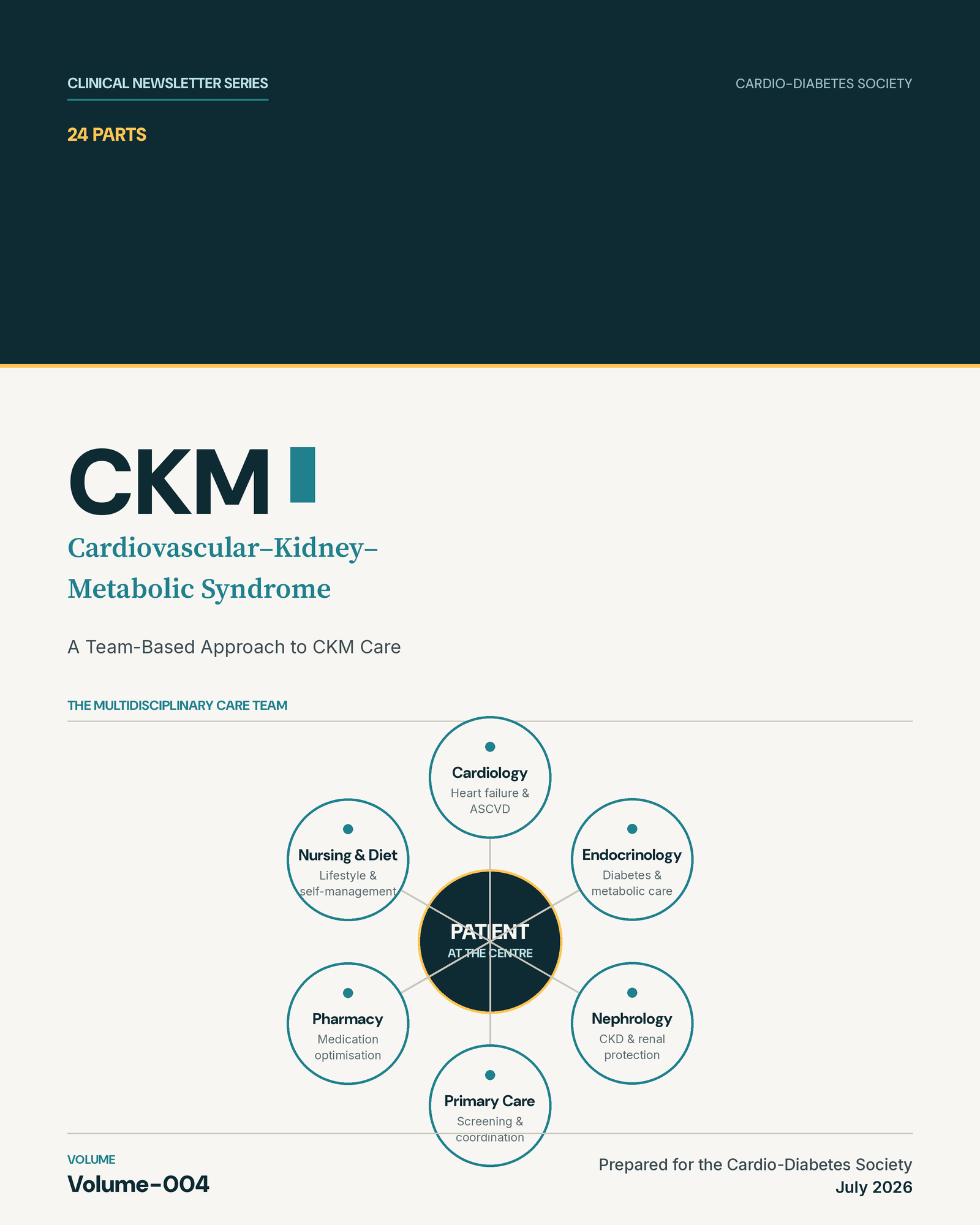 On June 9, 2026, the American Heart Association and American College of Cardiology published the first-ever clinical practice guideline dedicated to cardiovascular–kidney–metabolic (CKM) syndrome, simultaneously in Circulation and the Journal of the American College of Cardiology. It was developed with and endorsed by the American Diabetes Association, the ADA Obesity Association, and the American Society of Nephrology, making it a genuinely cross-specialty document.1 CKM syndrome is defined as an interrelated disorder characterised by the tight biological connections among metabolic risk factors—including obesity and type 2 diabetes—chronic kidney disease, and cardiovascular disease.2 Rather than treating each organ system in isolation, the guideline asks clinicians to see one continuum of shared pathophysiology in which dysfunction in one domain accelerates injury in the others. The scale of the problem is striking. Nearly 90% of U.S. adults have at least one CKM risk factor, roughly 15% are already in an advanced stage, and up to 90% of people with chronic kidney disease are unaware of their diagnosis.1,4 Those figures explain why the writing committee prioritised earlier screening, staging, and coordinated action over reactive, single-disease care. The guideline retires, replaces, and expands upon the 2013 Guideline for the Management of Overweight and Obesity in Adults—signalling a paradigm shift from a weight-centric view to a systems-level model of cardiometabolic health.2 Guideline chair Chiadi E. Ndumele put it plainly: “Heart, kidney, and metabolic conditions don’t occur in isolation—they are deeply connected. This guideline calls for earlier screening and care, focusing on prevention and coordinated action.”1 The document is also notable for who wrote it. Because it was co-developed and endorsed by the ADA, the ADA Obesity Association, and the American Society of Nephrology, its recommendations carry unusual cross-specialty authority—a cardiologist, nephrologist, and endocrinologist can now point to the same source when coordinating care.1 The accompanying “Top Things to Know” summary distils the full text into ten actionable messages, making it practical to translate the guideline into audit criteria and clinical checklists at the point of care.3 For clinicians in India, where diabetes and CKD prevalence are high and often diagnosed late, the framework is directly relevant: it offers a shared vocabulary across cardiology, nephrology, endocrinology, and primary care, and a staging system that can be implemented with basic laboratory testing. The formal citation is Ndumele CE, Rodriguez F, Dixon DL, et al., JACC, published online June 9, 2026, doi:10.1016/j.jacc.2026.03.056.2 References 1. First-ever guideline on CKM syndrome issued, AHA Newsroom, June 9, 2026. https://newsroom.heart.org/news/first-ever-guideline-on-cardiovascular-kidney-metabolic-syndrome-issued 2. First-Ever Guideline Addresses CKM Syndrome, ACC.org Journal Scan, June 9, 2026. https://www.acc.org/latest-in-cardiology/journal-scans/2026/06/08/17/44/first-ever-guideline-addresses-ckm-syndrome 3. 2026 CKM Guideline — Top Things to Know, professional.heart.org, June 9, 2026. https://professional.heart.org/en/science-news/2026-guideline-for-the-prevention-detection-evaluation-and-management-of-ckm-syndrome/top-things-to-know 4. A new guideline links care for heart, kidney and metabolic diseases, Science News, June 10, 2026. https://www.sciencenews.org/article/heart-diabetes-kidney-disease-treatment 5. New guideline reframes weight as health risk, AHA Newsroom, June 9, 2026. https://newsroom.heart.org/news/new-guideline-reframes-weight-as-health-risk-tied-to-diabetes-kidney-and-heart-conditions 6. The Role of GLP-1 Receptor Agonists in the Treatment of CKM Syndrome, JACC Adv, Jan 2026 (PMID 41609289). https://pubmed.ncbi.nlm.nih.gov/41609289/